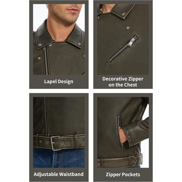 Men Black Faux Leather Biker Jacket Slim Fit Motorcycle Bomber Zip Up Coat - Picture 5 of 5